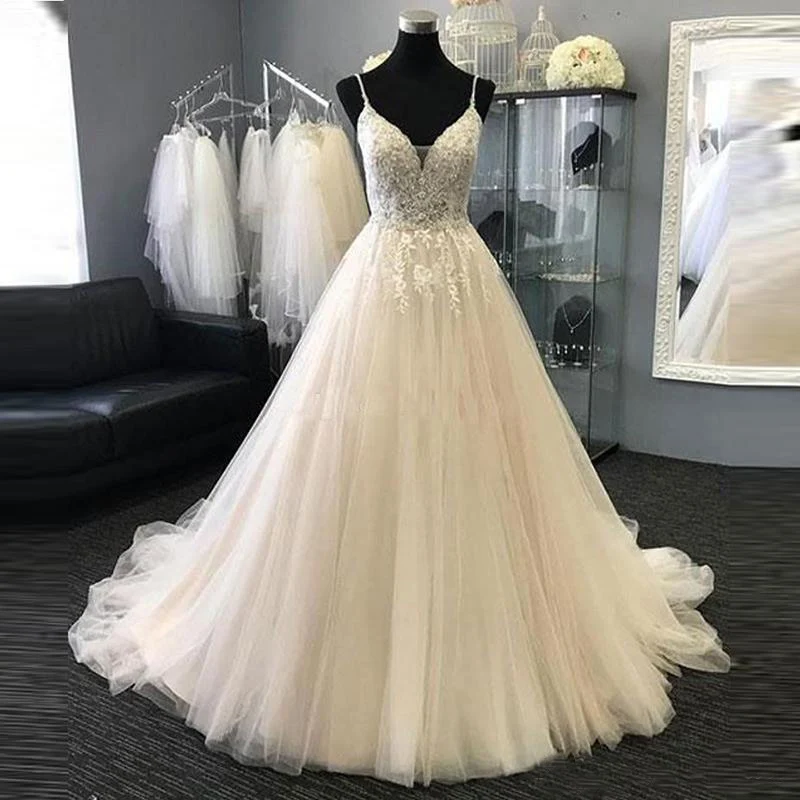 

Elegant V Neck Spaghetti Straps Ball Gown Wedding Dresses Appliques Lace Wedding Gowns Bridal Dresses Custom Made