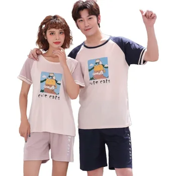 

Summer Pyjama Animal Cat Cute Couple Pijamas Set Short-sleeved Sleepwear Top + shorts Young Lovers Pajamas Sets Women Nightwear