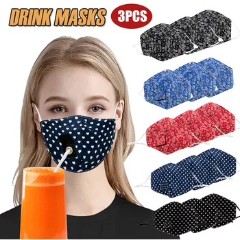 

3PCS Adult Women Cloth Face Shield with Hole for Straw Washable Face Shield Windproof Reusable Face Mask Breathable Mouth Mask