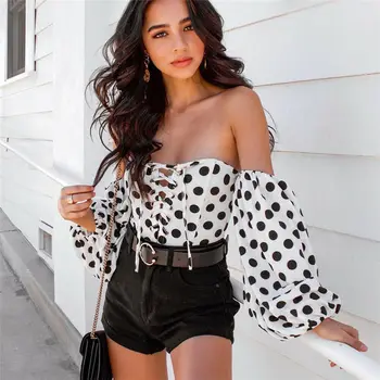 

Fashion Ladies Women Off Shoulder Long Sleeve Polka Stretch Bardot Romper Jumpsuit Bodysuit Leotard Top 2019