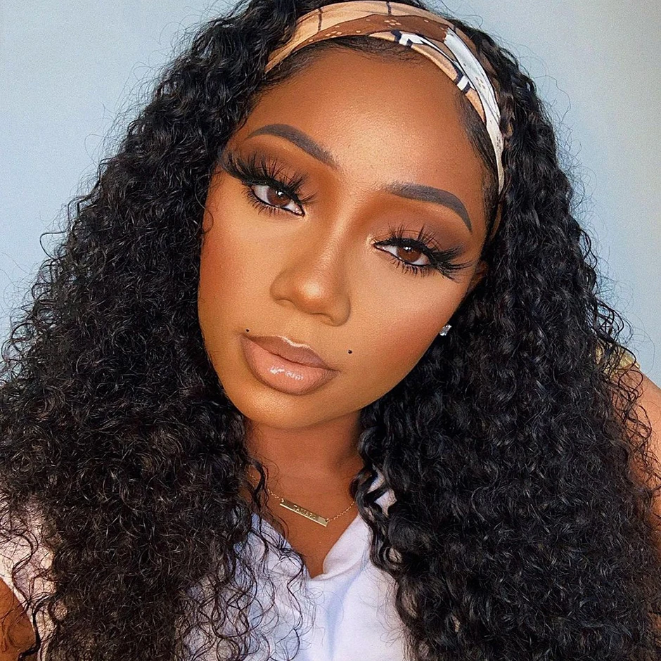 

Human Hair Wigs Headband Wig 24 Inch Curly Wave Brazilian Machine Made Remy Natural Color Hair Wigs For Black Women 150% Density