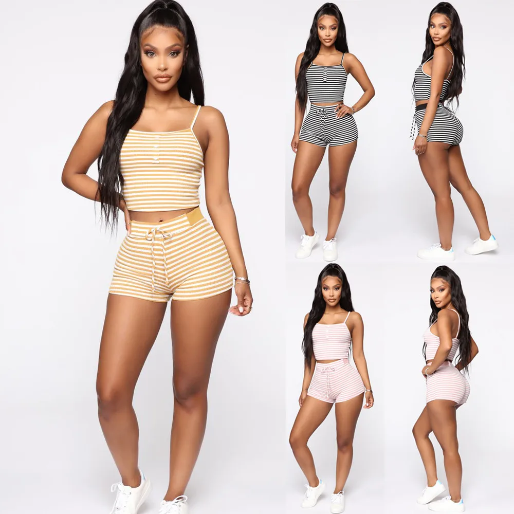 

hirigin new fashion ladies Striped 2pcs Crop Tops+Shorts Lingerie Nightwear Sleepwear women's Pajama Sets female sleep suits