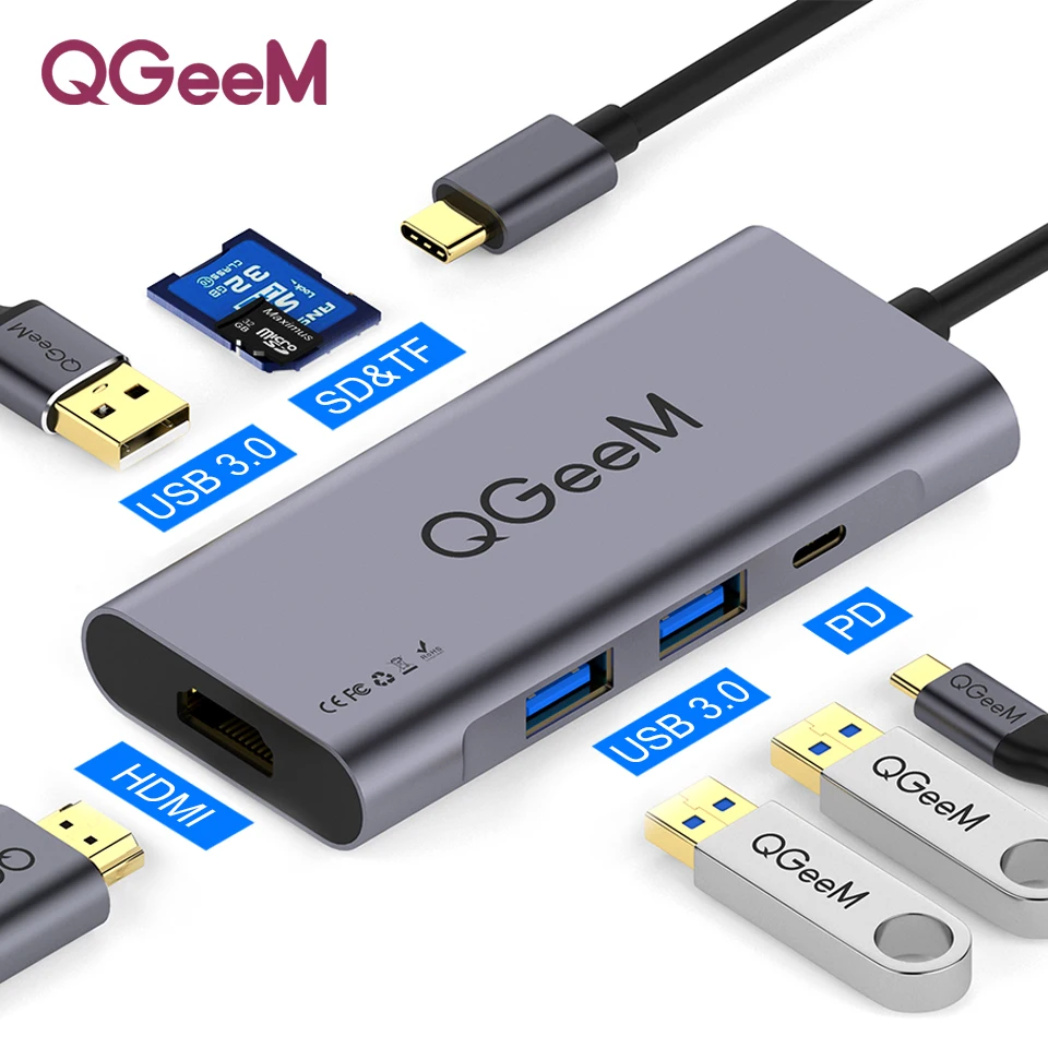 QGeeM 8 в 1 USB C концентратор для Macbook Pro usb-хаб 3,0 адаптер PD HDMI RJ45 TF SD 3,5 мм Aux type C концентратор для iPad Pro сплиттер док-станция - Цвет: 7 Ports HUB