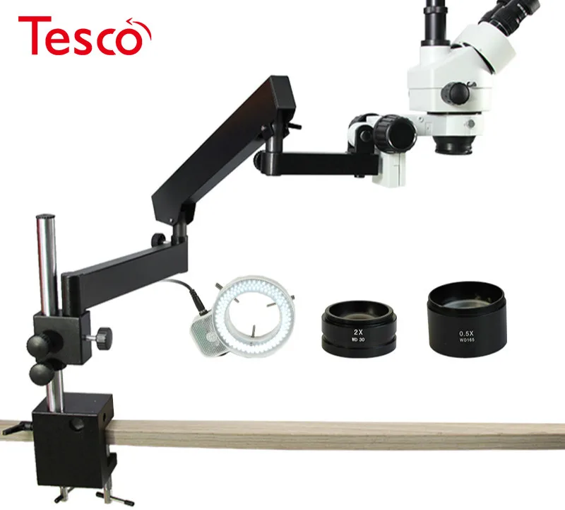 

Luckyzoom Simul-Focal 3.5X-90X Trinocular Stereo Microscope Articulating Arm Clamp Microscope 0.5X 2.0X Objective Lens 144 Light