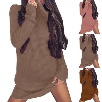 

Casual Women Solid Color Turtle Neck Loose Ribbed Knitted Sweater Mini Dress
