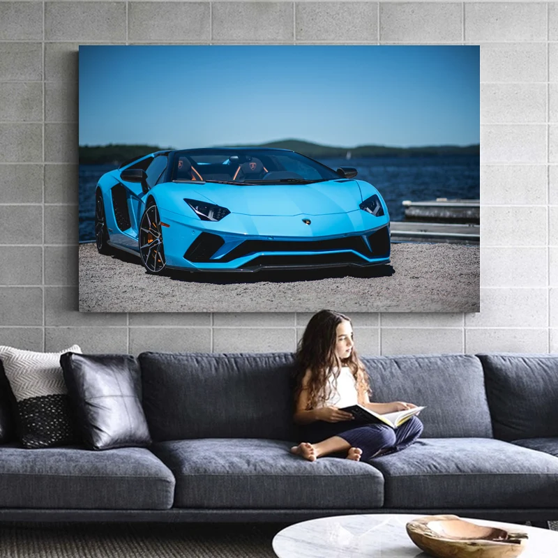 

Supercar Blue Aventador S Seascape Sportscar Vehicle Posters and Prints Wall Art Canvas Paintings For Living Room Decor