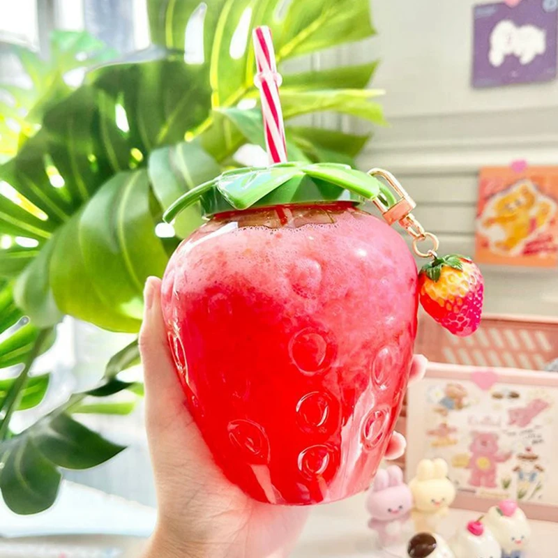 Creative Picnic Portable Water Cup with Simulation Strawberry Ornament Cartoon Cute 3D Strawberry Straw Cup