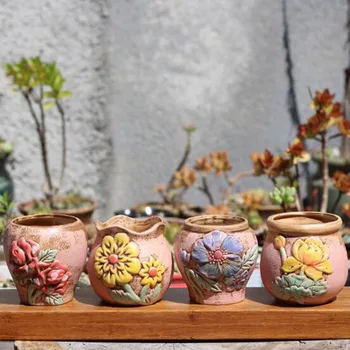 

Ceramic Flowerpot Hand Painted Succulent Plant Pot Coarse Pottery Floral Pattern Vase Garden Bonsai Pots