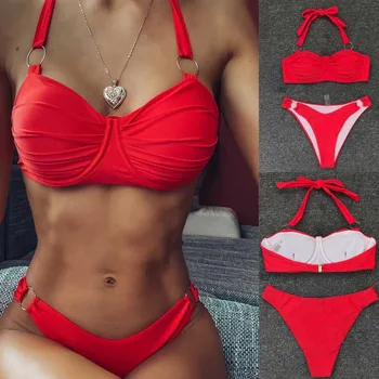 

2020 New Women Sexy Split Bathing Suit Push-Up Padded Biquini Choker Connected Underwear Set Solid Color Lengerie Traje de baño