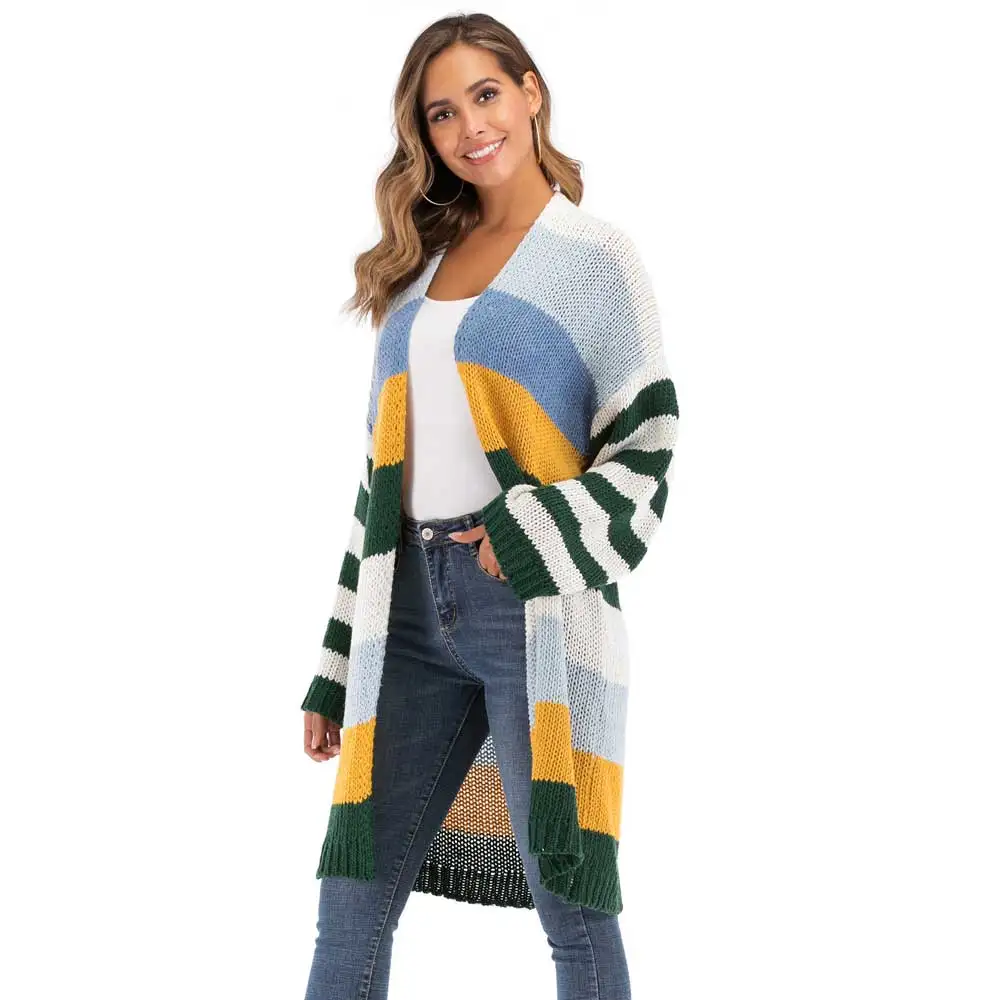 

Mixed Color Stitching Cardigan Long Sleeve Knitted Sweater Women Open Stitch Casual Sweters Women Invierno Loose Cardigan Mujer