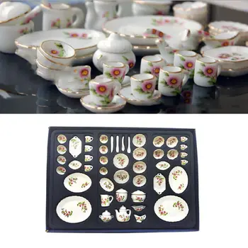 

50 Pcs 1:12 Dollhouse Miniature Ceramic Tea Sets Mini Pink Daisies Pattern Tableware Simulation Tea Cups Kitchen Furniture Toys
