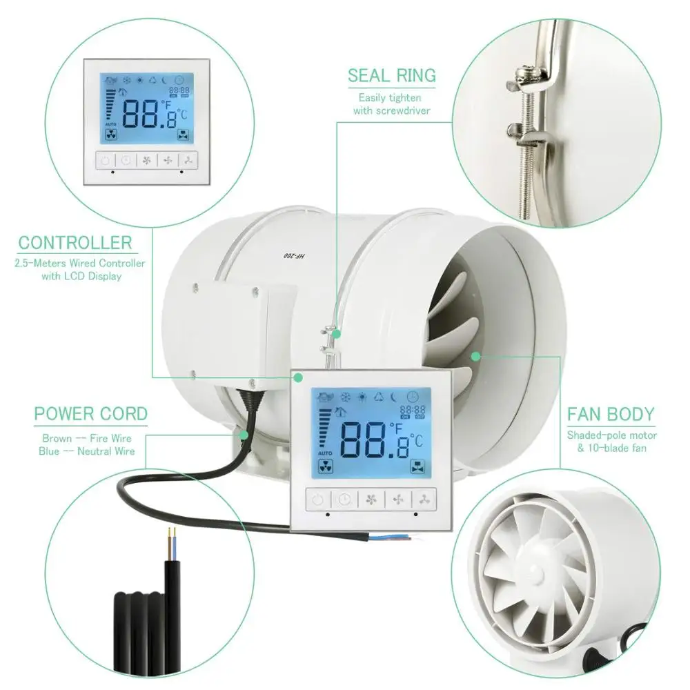 Hon&Guan 8 Inch Timer Extractor Inline Duct Fan with Smart Controller for Bathroom Ventilation Fan; HF-200PMZC