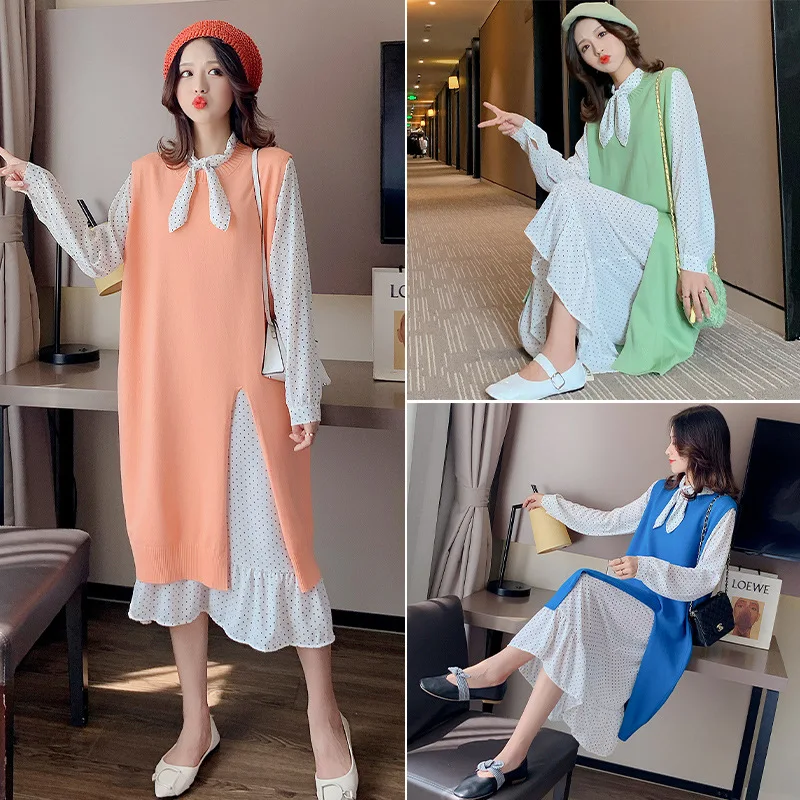 

Photo Shoot 2019 Autumn And Winter Maternity Clothes Korean-style Fashion Polka Dot + Knitted Sweater Dress Two-Piece Set Large