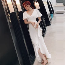 Вечернее платье с v-образным вырезом, короткий рукав, раскол, Платье De Soiree, плиссированные оборки, женские вечерние платья, однотонные элегантные вечерние платья F163