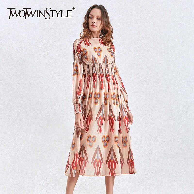 TWOTWINSTYLE винтажное платье с принтом женское круглым вырезом фонарь длинный рукав