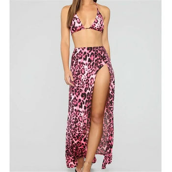 

Summer 3PCS Set Push Up Bikini Set And High Waist Split Leopard Cover Up Skirt Swimwear Bathing Suit Beach Outings For Women2019