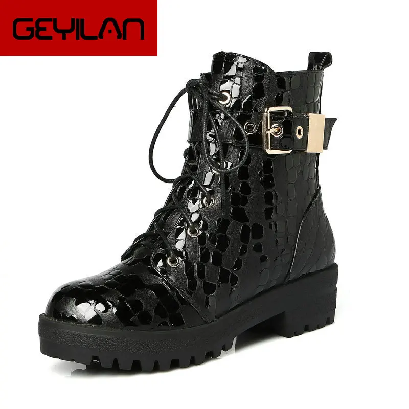 

Spring Autumn Women Shoes Genuine Leather comfy Flat Square Low Heel Ankle Boots Lacing Zipper Martin Boots Winter Shoes