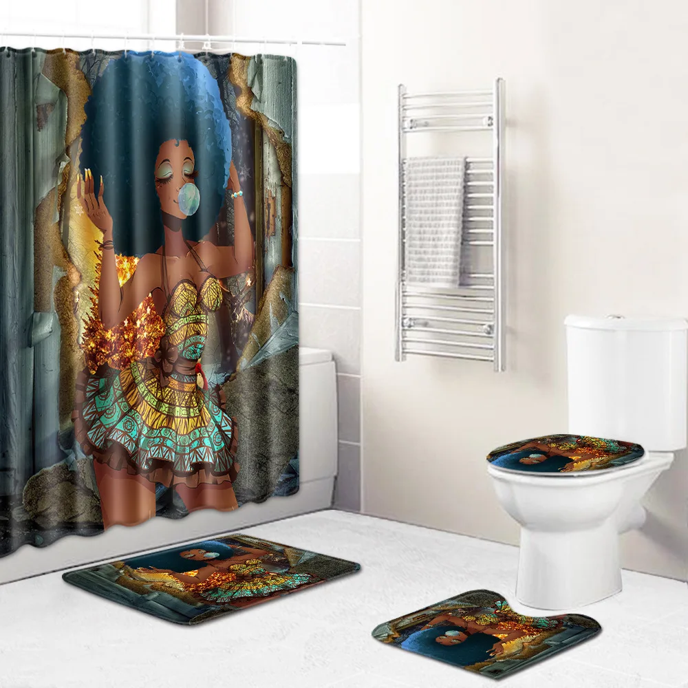 Christmas Series African Woman Pattern Shower Curtain and Bath Mat Set Waterproof Polyester Shower Curtain for Bathroom Shower