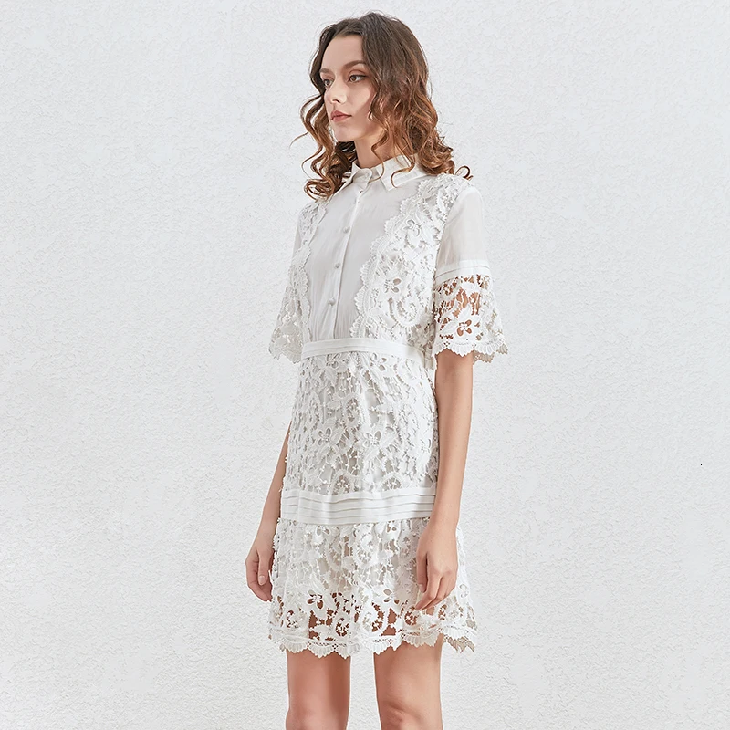 TWOTWINSTYLE Лоскутные кружевные платья для женщин воротник с лацканами короткий рукав Высокая талия с рюшами выдалбливают Мини платье для женщин одежда