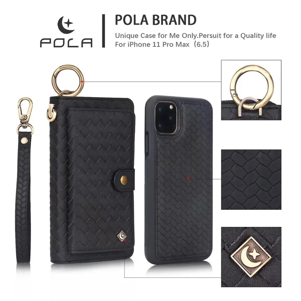 POLA модный кожаный чехол-кошелек с тканым узором для iPhone 11 Pro Max, магнитное съемное автомобильное кольцо