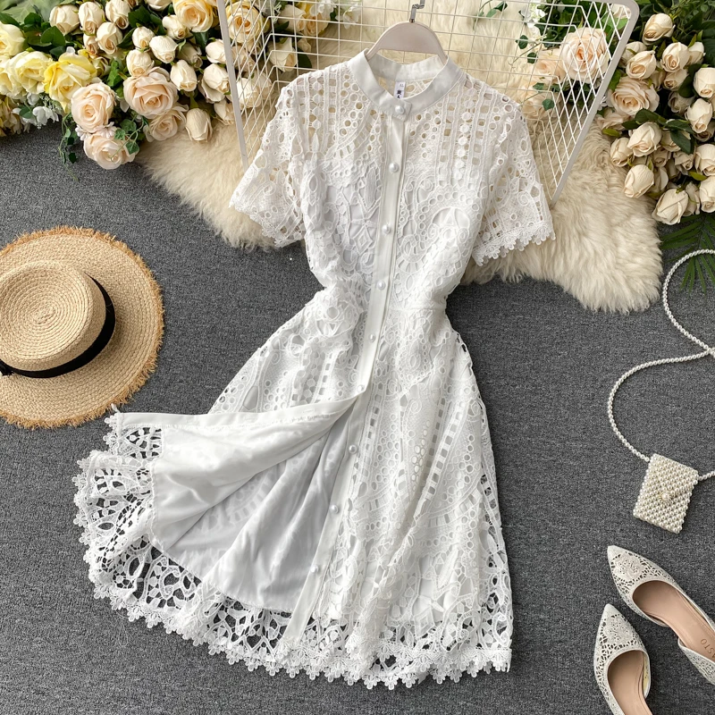 

Women Hollow Lace Midi Dress Retro O Neck Button Bandage Short Sleeve Dress French Elegant Streetwear Summer Dress