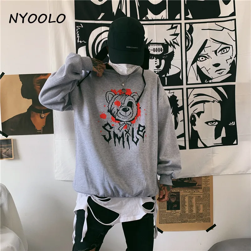 NYOOLO, Ретро стиль, травмированная улыбка, медведь, с буквенным принтом, теплая толстовка, Осень-зима, длинный рукав, Круглый ворот, пуловеры, толстовка, женская, мужская одежда - Цвет: Белый