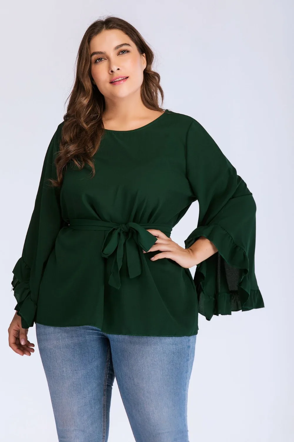 new autumn winter plus size tops for women long sleeve large cotton O neck casual loose T shirt belt green 4XL 5XL 6XL 7XL