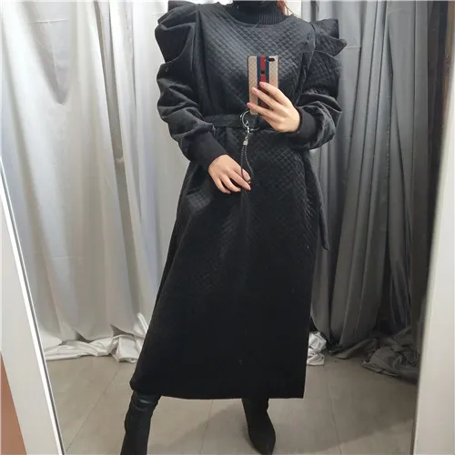 SuperAen, хлопковое, с пышными рукавами, плотное платье для женщин, зима, новинка, женское платье, модное, одноцветное, с длинным рукавом, женская одежда