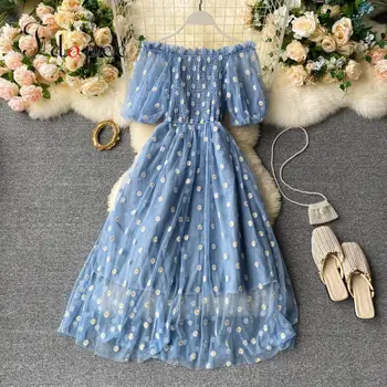 

Summer Elegant Dress Small Fresh Daisy Bubble Sleeve Embroidered Slash Neck Strapless Sexy Dress Collect Waist Comfort Vestidos