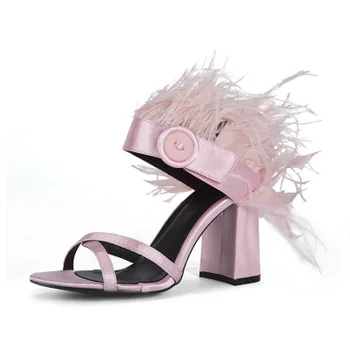 

Elegant Pink Tassel Button Block Heel Sandals Women Summer 2020 Genuine leather Runway Peep Toe High Heel Pumps Shoes Rome Party