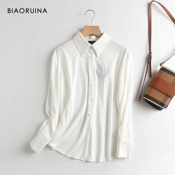 

BIAORUINA Women's Long-sleeved Shirt Korean Style Loose OL Solid Color Shirt Female Single Breasted Basic Everyday Blouse Tops