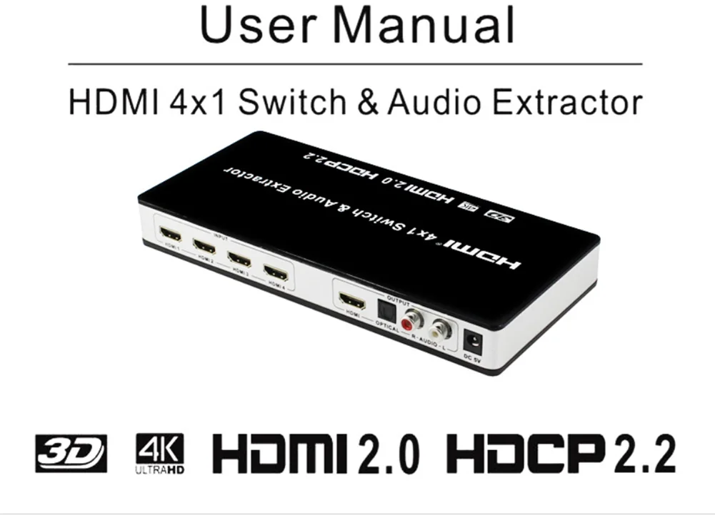 4-портовый HDMI 2,0 переключатель 4x1 с инфракрасным пультом дистанционного управления 60 Гц HDCP 2,2 ARC 3D HDMI коммутатор+ оптический Toslink L/R аудио экстрактор