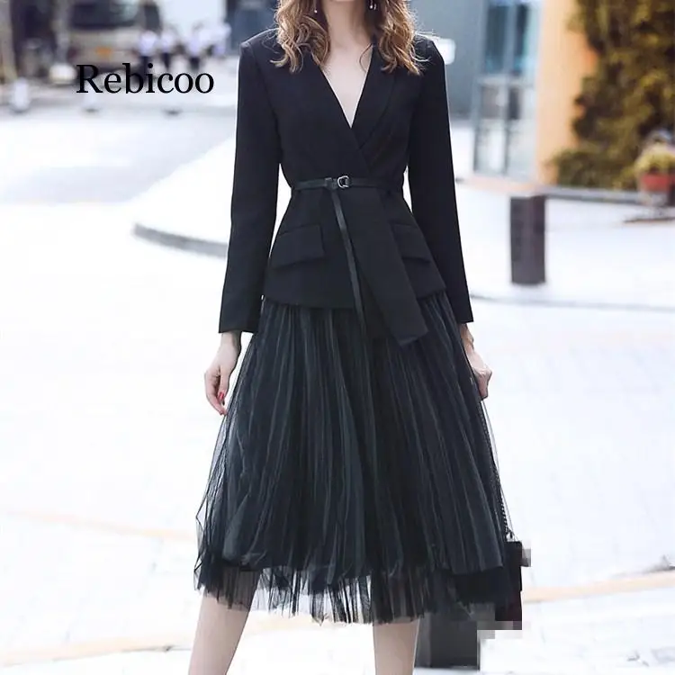 

Женская обувь черного цвета, комплект из двух предметов с карманами осень пояса ассиметричный пиджак костюмы на каждый день, марлевая Юбка Костюмы