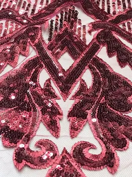 

2019 Hot New Red Gold African Nigerian Embroidery Sequins Organza French Mesh Net Sequence Lace Fabric for Africa Nigeria Party