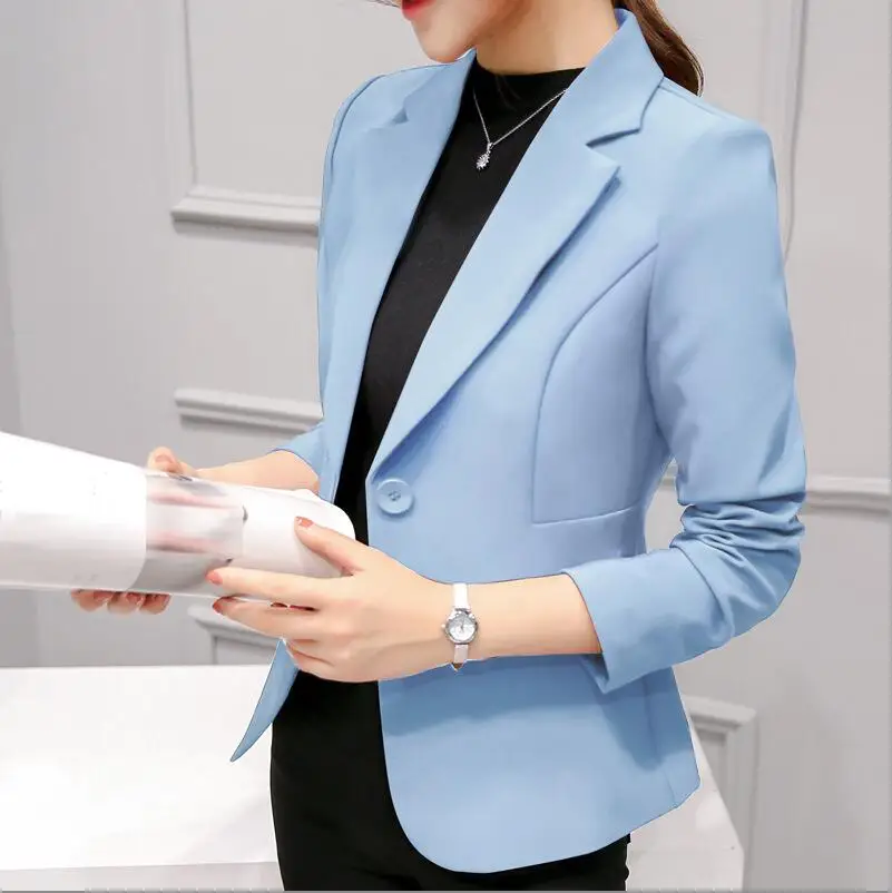 Light blue Женский блейзер, розовый, длинный рукав, однотонный пиджак на одной пуговице, тонкий женский офисный жакет, Женский Топ, костюм, Блейзер, женские куртки - Цвет: Light blue