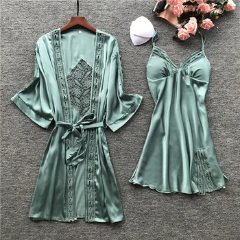 

2 Pieces/set Womens Sleepwear Robes Satin Lace Top Sexy Pajamas Suits Mujer Pyjamas for Women Nightdress Female Sleep Lounge Set