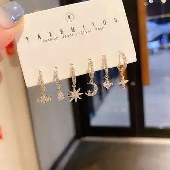 

High-end Cubic Zircon Water Drop Moon Star Dangle Earrings for Women Gold Color CZ Crystal Earrings Set