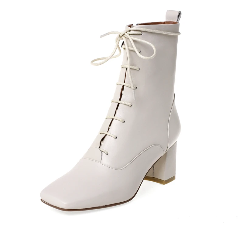 beige white with fur ASUMER/ г. Новые ботинки из натуральной кожи ботинки с квадратным носком наивысшего качества на шнуровке на высоком квадратном каблуке осень-зима Модные ботильоны - Цвет: beige white with fur