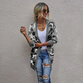 

Fashion Casual Autumn Camouflage Cardigan Sweater Women Winter Sweater Mid-length Knitted Cardigan