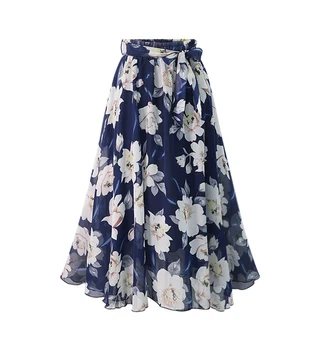 

New Plus Size Women Chiffon Skirt Europe Fashion Bow Saia Midi Lining Jupe Femme Lace Up Falda Mujer Print Floral Skirts 850E