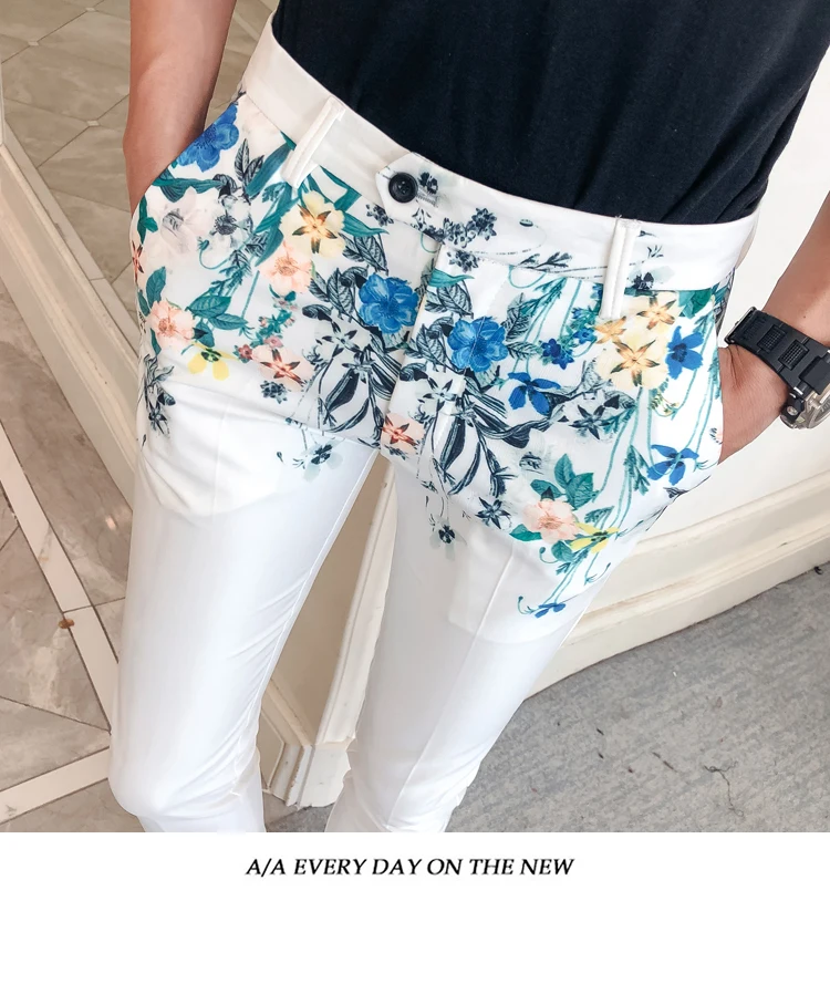Деловые повседневные Moda Masculina Erkek Pantolon Весенние новые мужские брюки с цветочным принтом, облегающие брюки с цветочным принтом