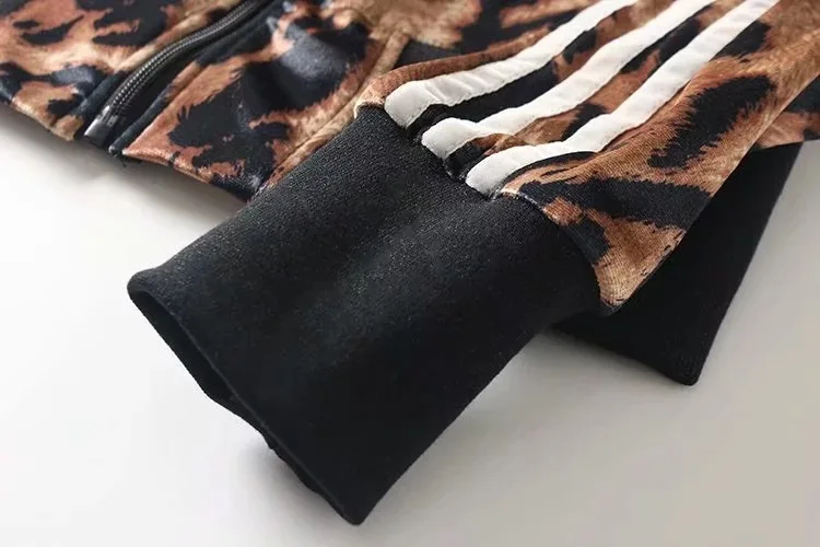 

2019 Spring New Style Europe And America Fashion Slim Fit Zipper Velvet Leopord Pattern Crew Neck Casual Jacket WOMEN'S Dress