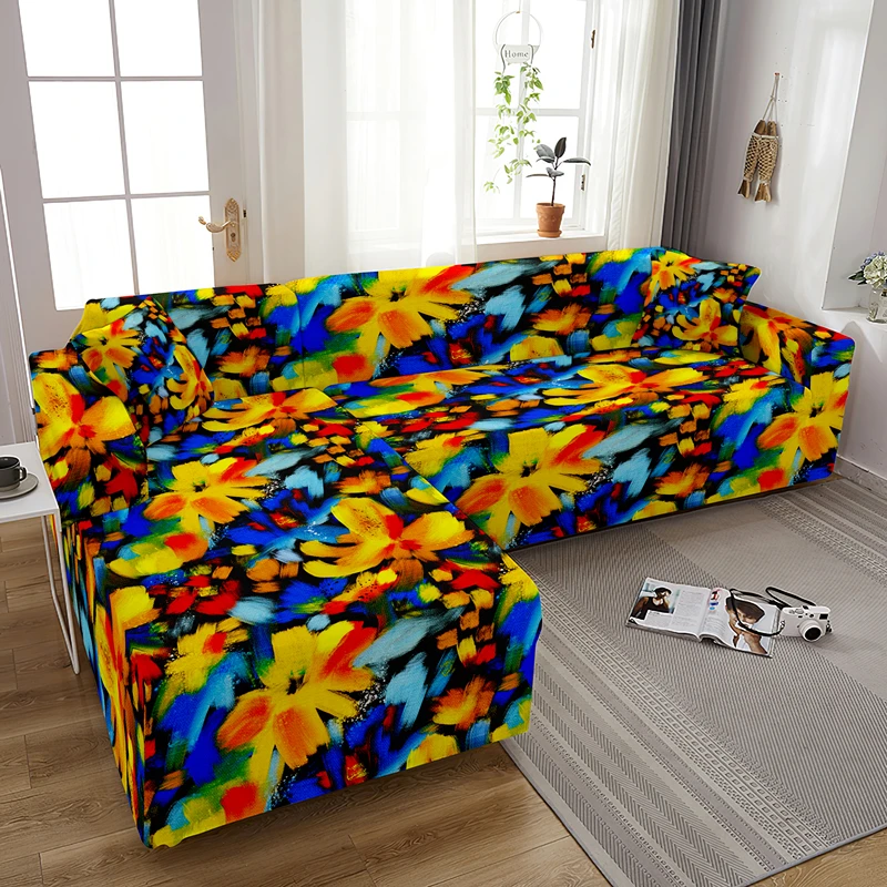 Oil Painting Flowers L Shape Elastic Sofa Cover For Living Room Stretch Corner Combination Couch Covers Universal Slipcovers | Дом и сад