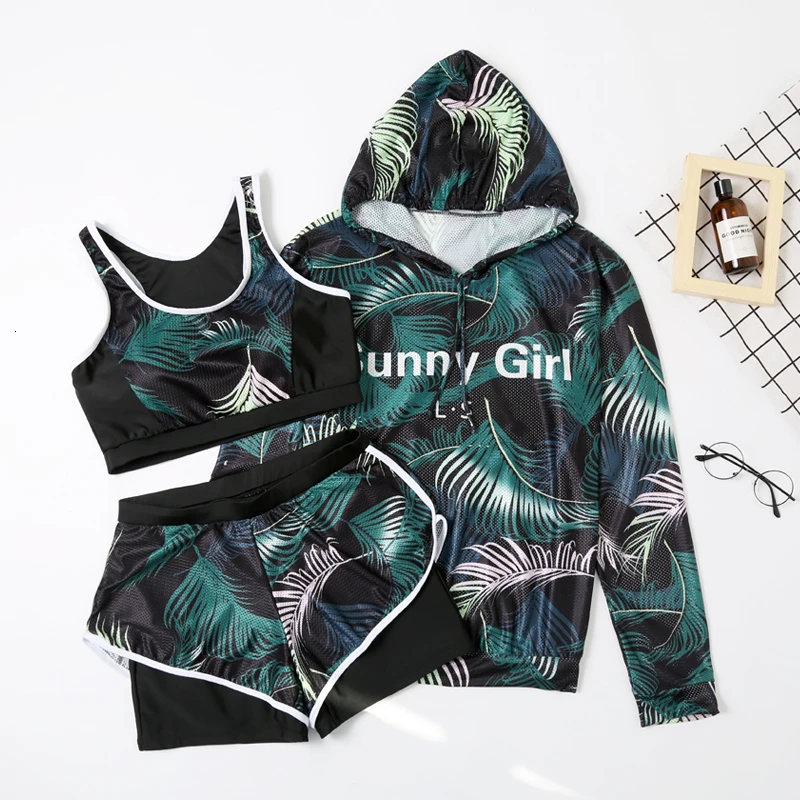 green swimsuit Женский спортивный Танкини с принтом в виде листьев, плюс размер, купальник из 3 предметов, зеленый купальный костюм, Раздельный купальник с пуш-ап, Maillot De Bain Femmes - Цвет: green swimsuit