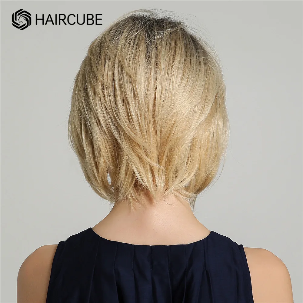 HAIRCUBE короткий парик BoBo с боковой частью челка Омбре черные золотые смешанные человеческие волосы парики для женщин термостойкие натуральные мягкие волосы