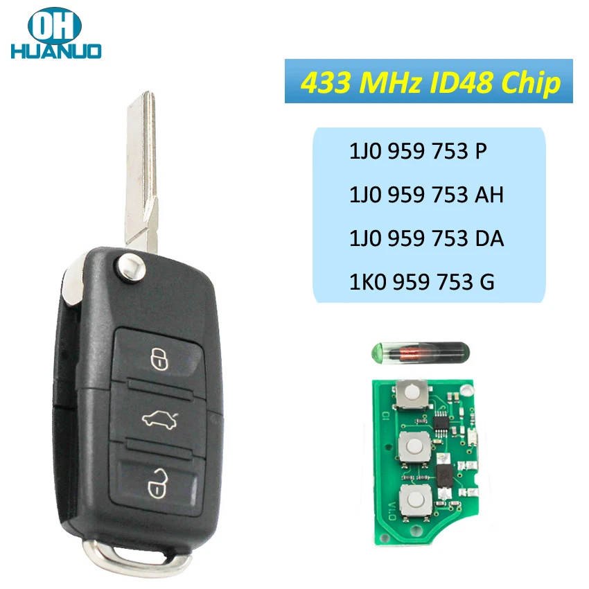 3 Buttons Flip Remote Key Fob With ID48 Chip 433MHz/434MHZ FCC ID:1J0 959 753 AH/DA/P 1K0 959 753 G for-VW PASSAT 2002-2005 champion spark plugs