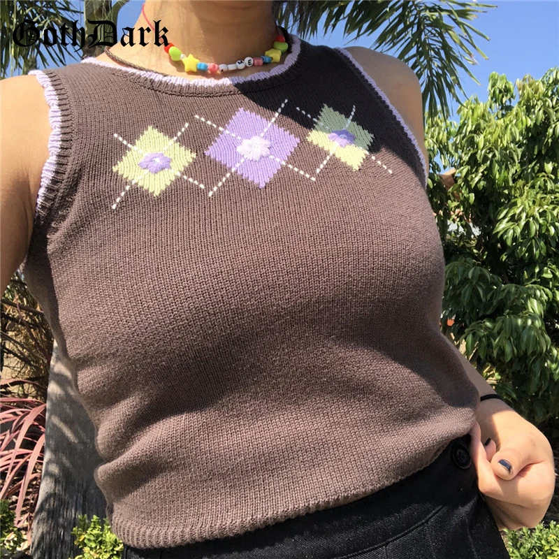 

Goth Dark 90s E-girl Aesthetic Streetwear Sweater Vest Gothic Vintage Argyle Printed Sleeveless Pullovers For Women Slim Tops
