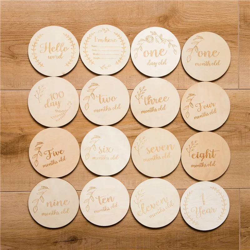 Juego de 16 Uds. Conmemorativas de tarjetas para bebés, recuerdo mensual para niños recién nacidos, grabado de madera, edad, número, accesorios para fotos