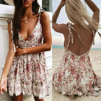 

2020 Summer Fashion V-neck Waist Print Dress Ladies Off Shoulder Backless Print Dress Beach Short dress