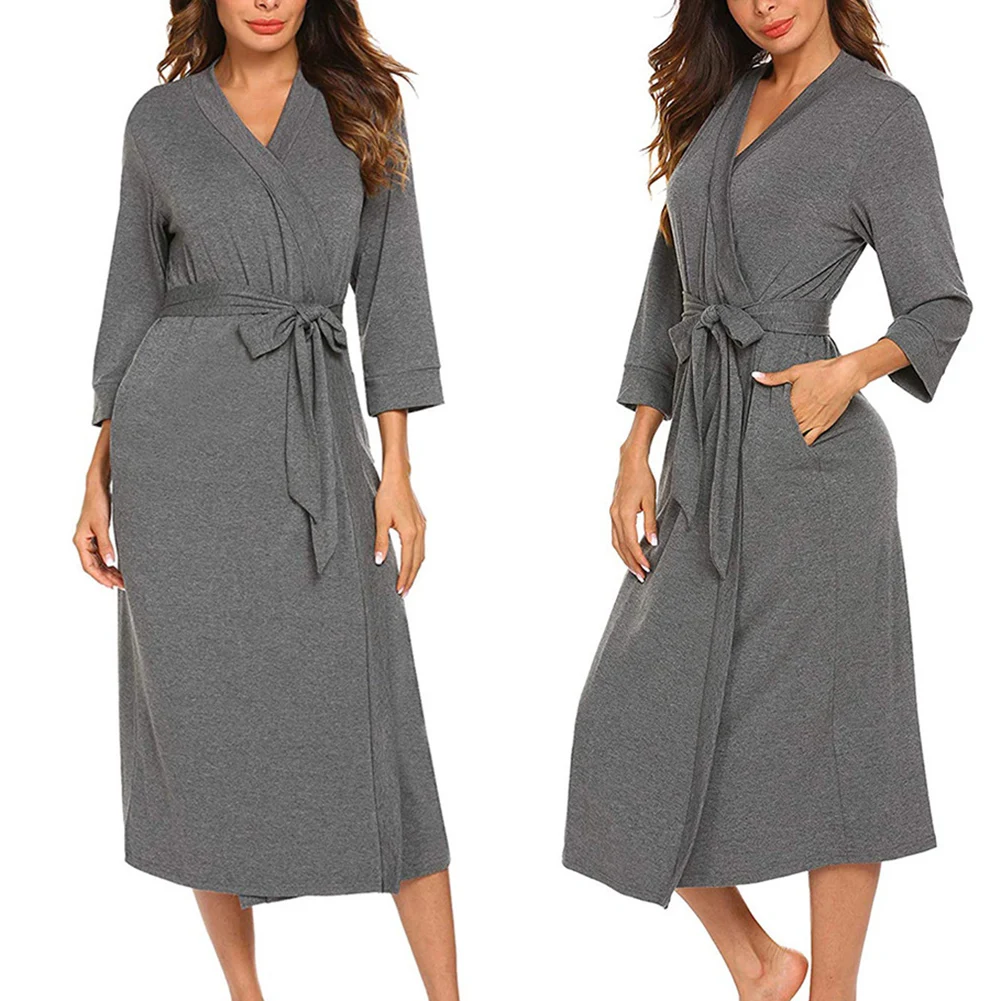 Albornoz de punto largo de kimono para mujer, albornoz de invierno, vestido de algodón de dama de honor, pijama sexy con cuello